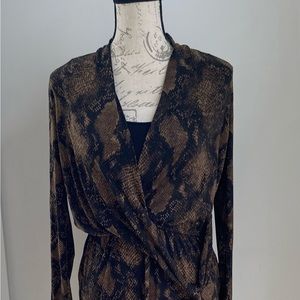 TAHARI Brown Black Snake Print Jersey Faux Wrap Tie Waist Dress Sz 4.